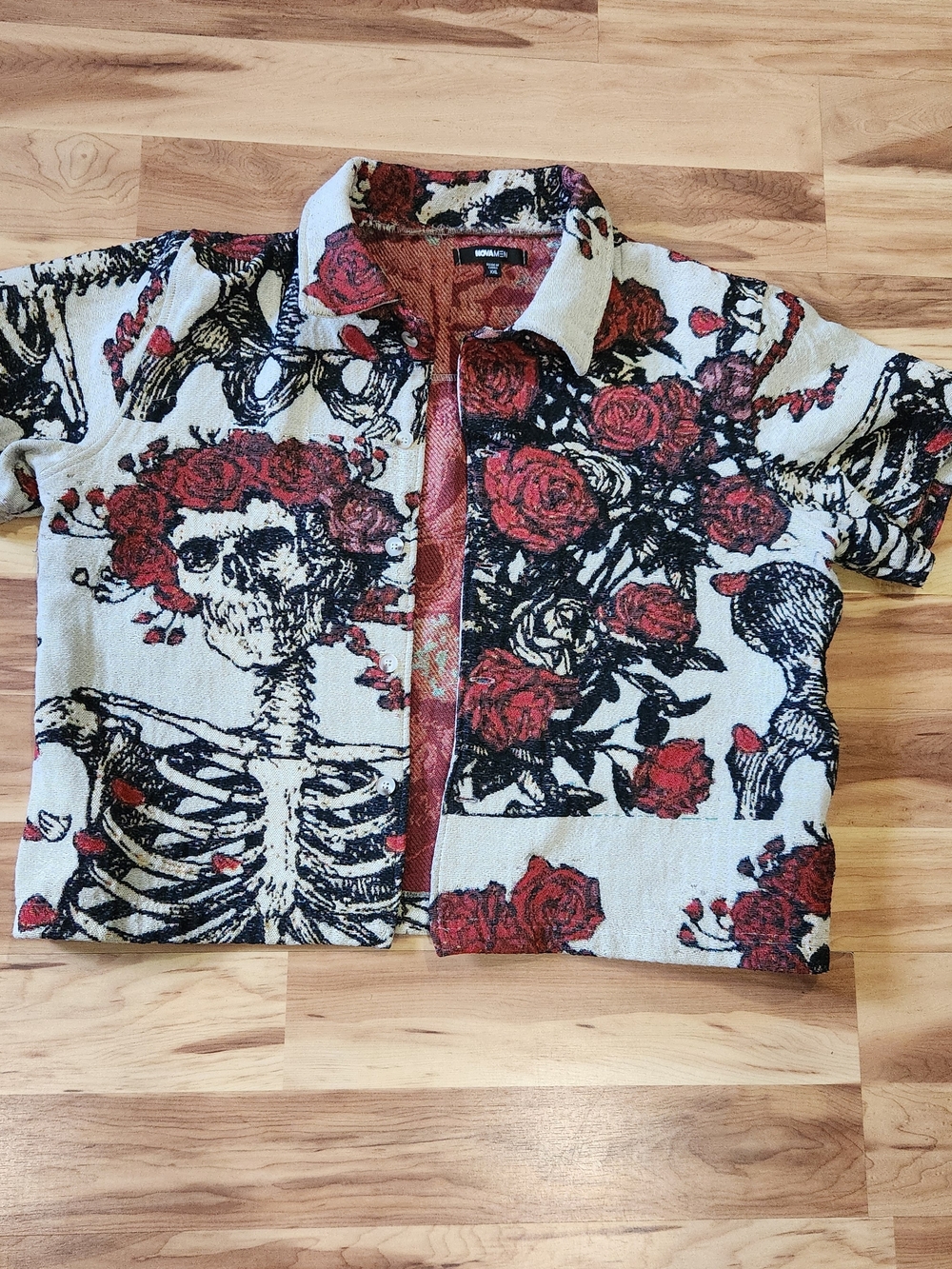 Casual Button-Down Shirt Jacket with Red Rose & Skeleton Graphic - Cream/Red